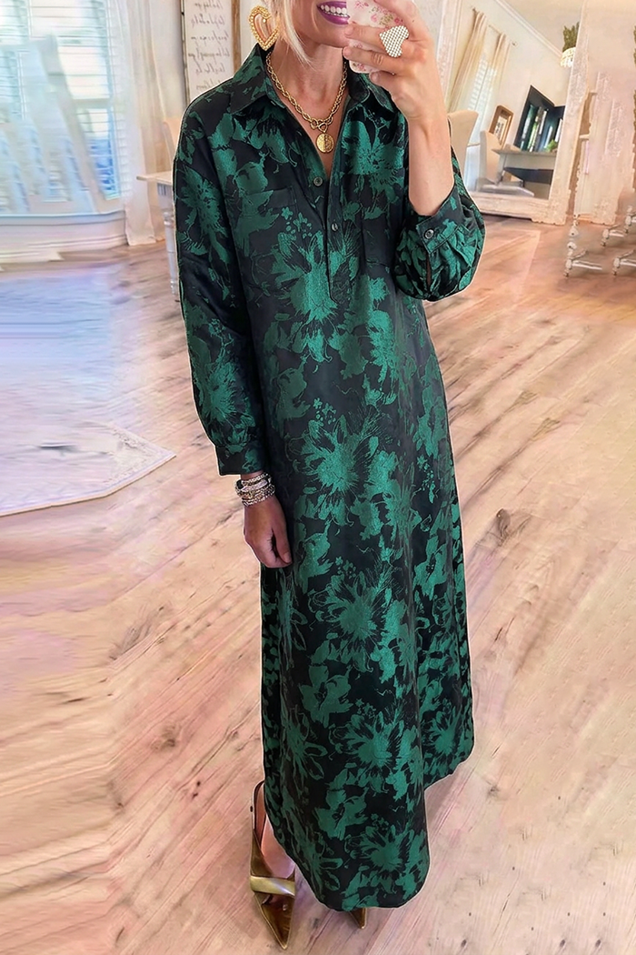 Collared Button Front Floral Jacquard Maxi Dress