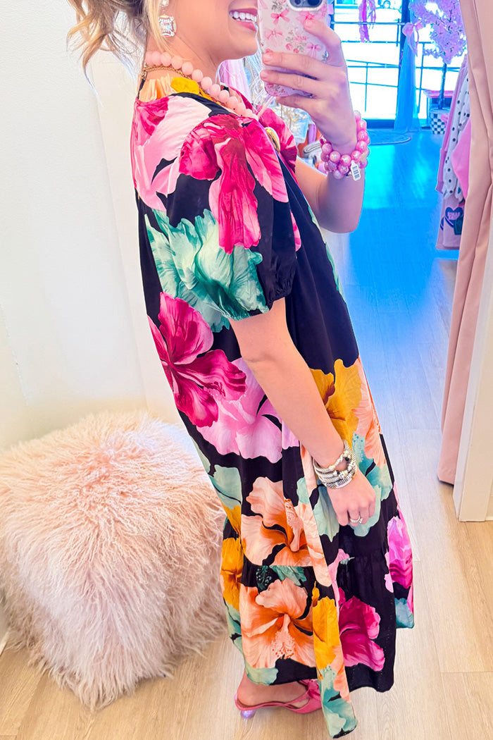 Flower Mix Puff Sleeve Maxi Dress