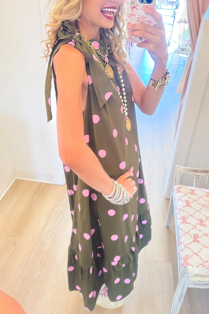 Ruffle Neck Tie Detail Polka Dot Sleeveless Pocket Maxi Dress