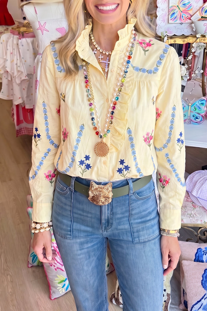 Floral Ruffle Collar Button Top