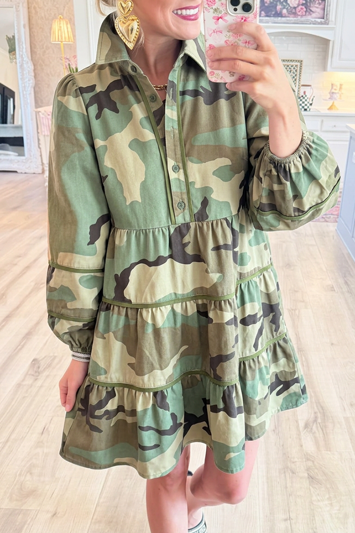 Denim Camo Collared Half Placket Puff Sleeve Tiered Shirt Dress