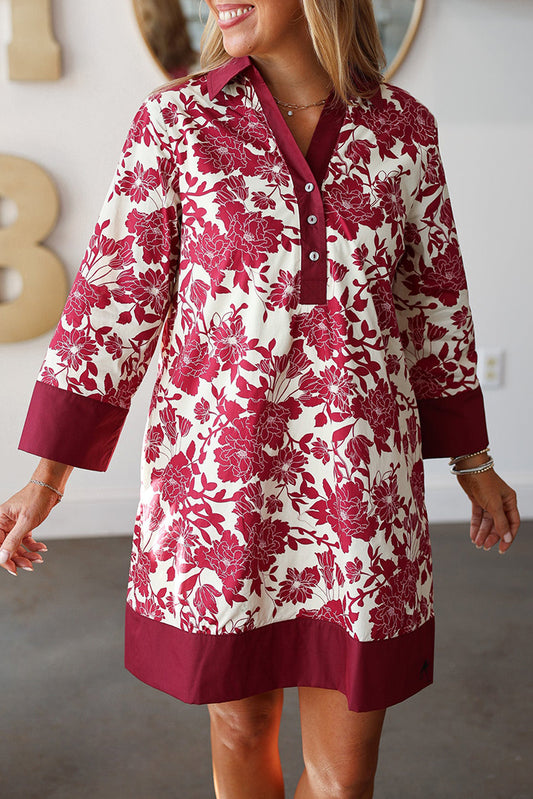 V-Neck Floral Print Button Pockets Dress