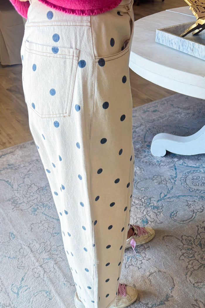 Polka Dot Mid Rise Barrel Leg Jeans