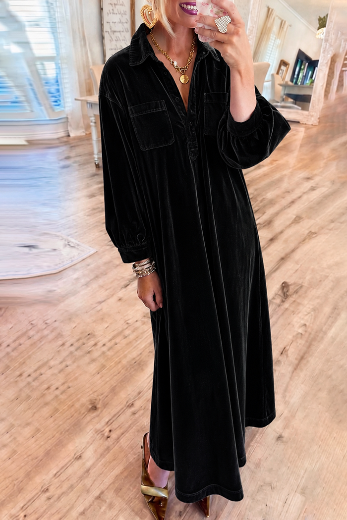 Black Velvet Collared Puff Sleeve Maxi Dress
