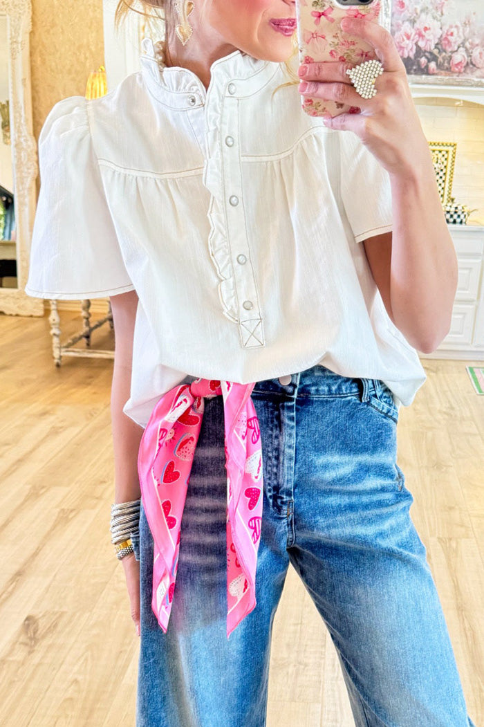 Ruffle Neck Short Sleeve Button Down Top