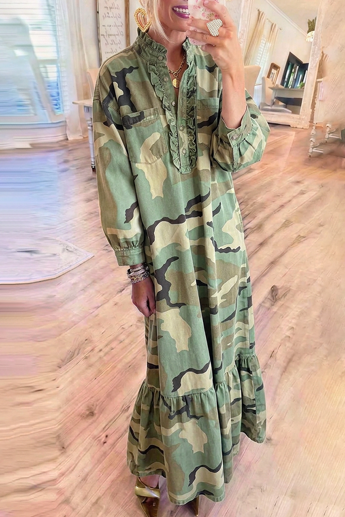 Camo Ruffle Collar Long Sleeve Maxi Dress