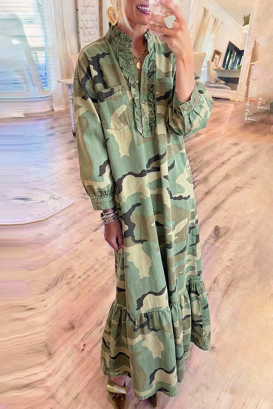 Camo Ruffle Collar Long Sleeve Denim Maxi Dress