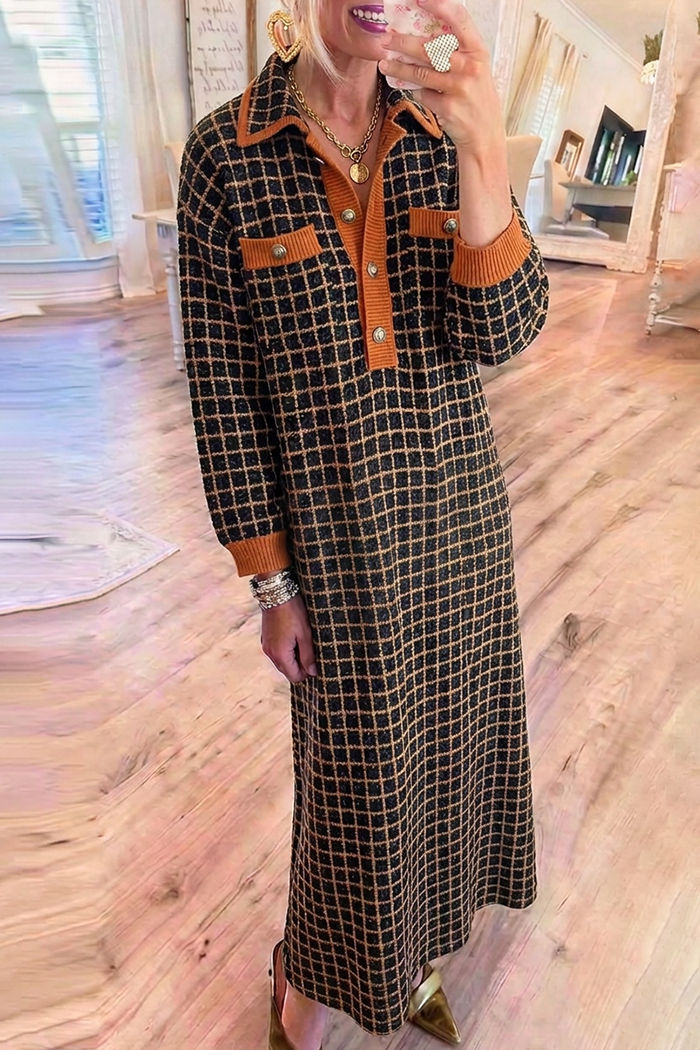 Black Rust Grid Jacquard Knit Collared Pockets Maxi Dress