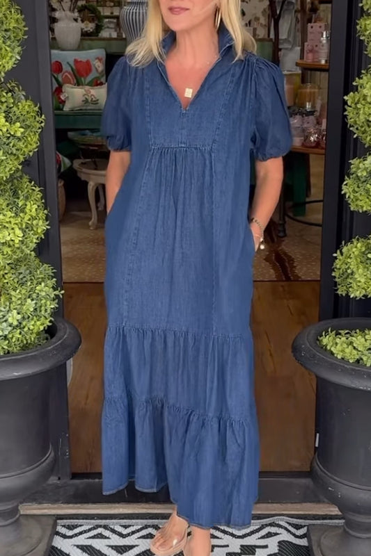Puff Sleeve Tiered Denim Pocket Maxi Dress