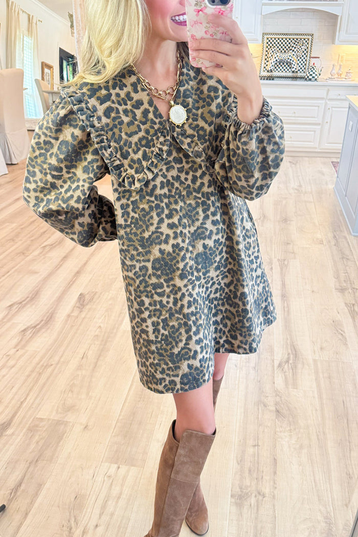 Leopard Oversized Collar Puff Sleeve Dress