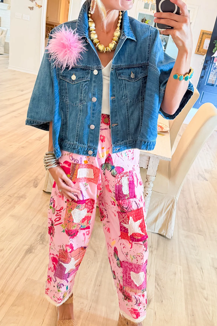 Straight Leg Pink Patchwork Pants