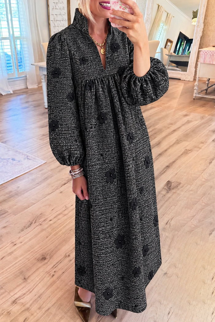 Black Heather Floral Stand Collar Long Sleeve Maxi Dress