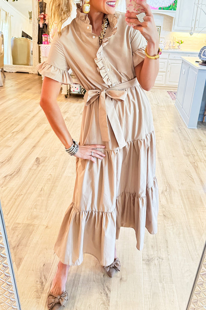 Taupe Tiered Ruffle Collar Midi Dress