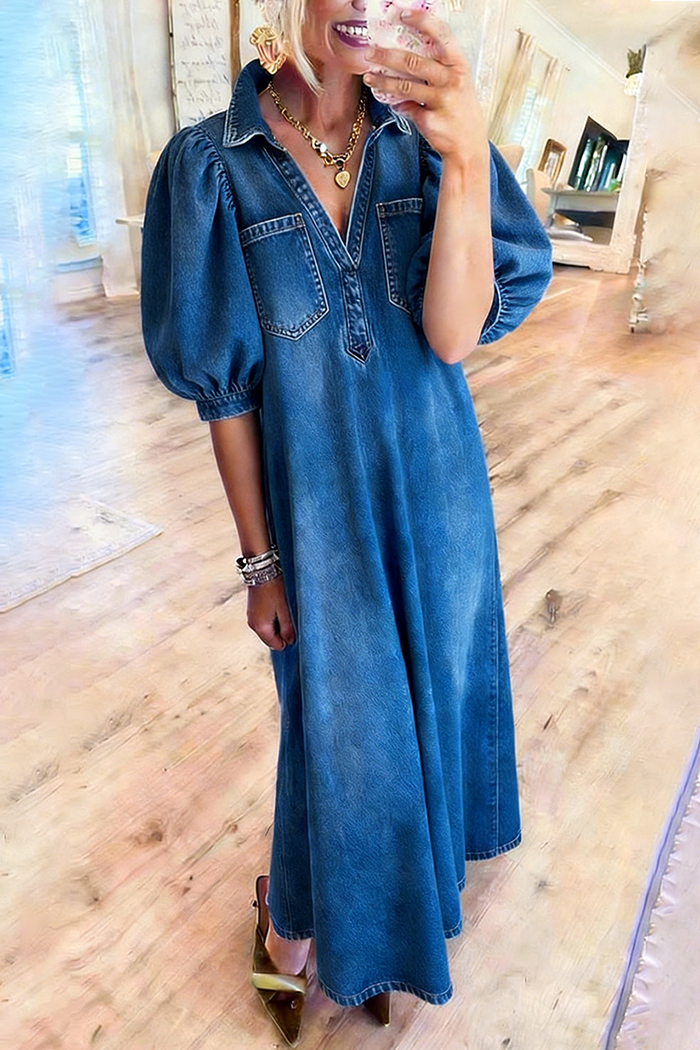 Chest Pockets Puff Sleeve Denim Dress