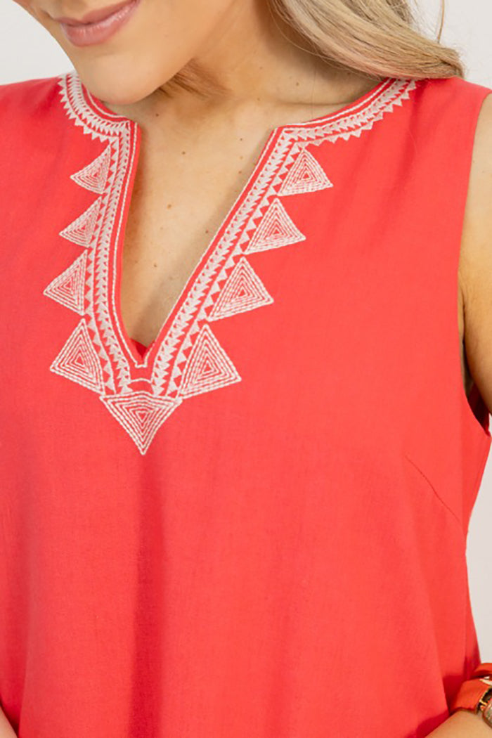 Embroidery Sleeveless Pocket Midi Dress