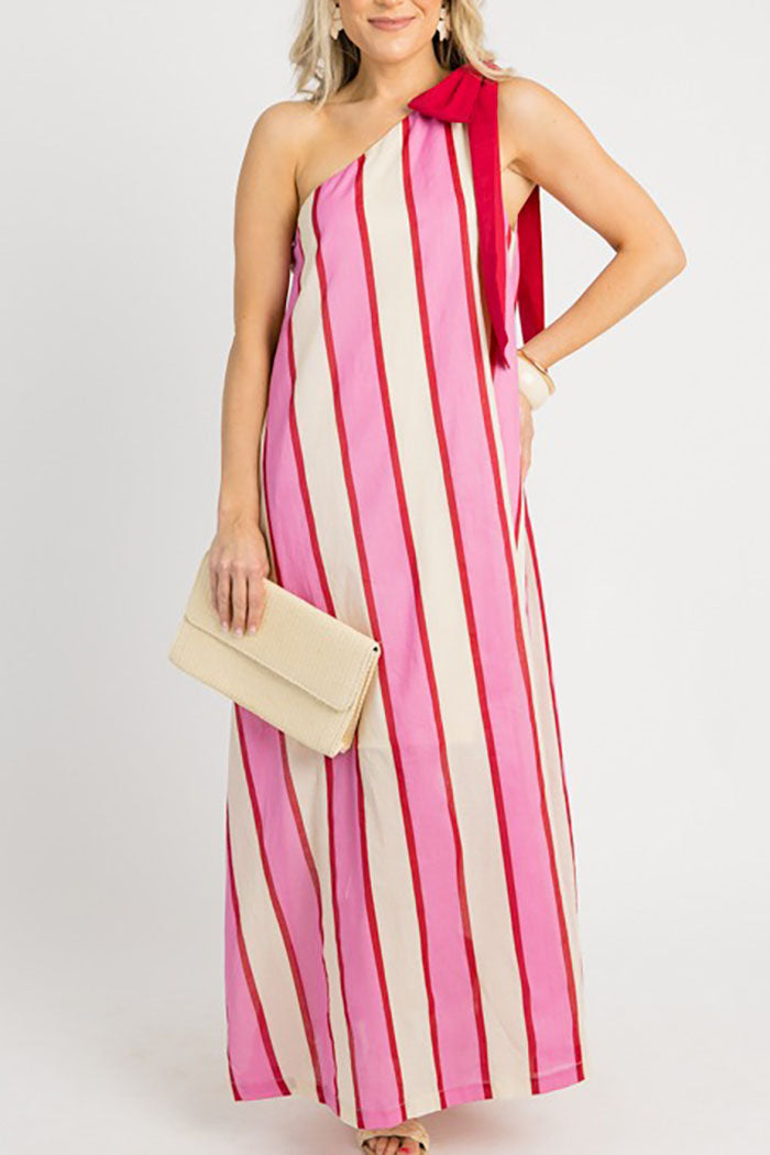 Stripe Shoulder Tie Pocket Dress