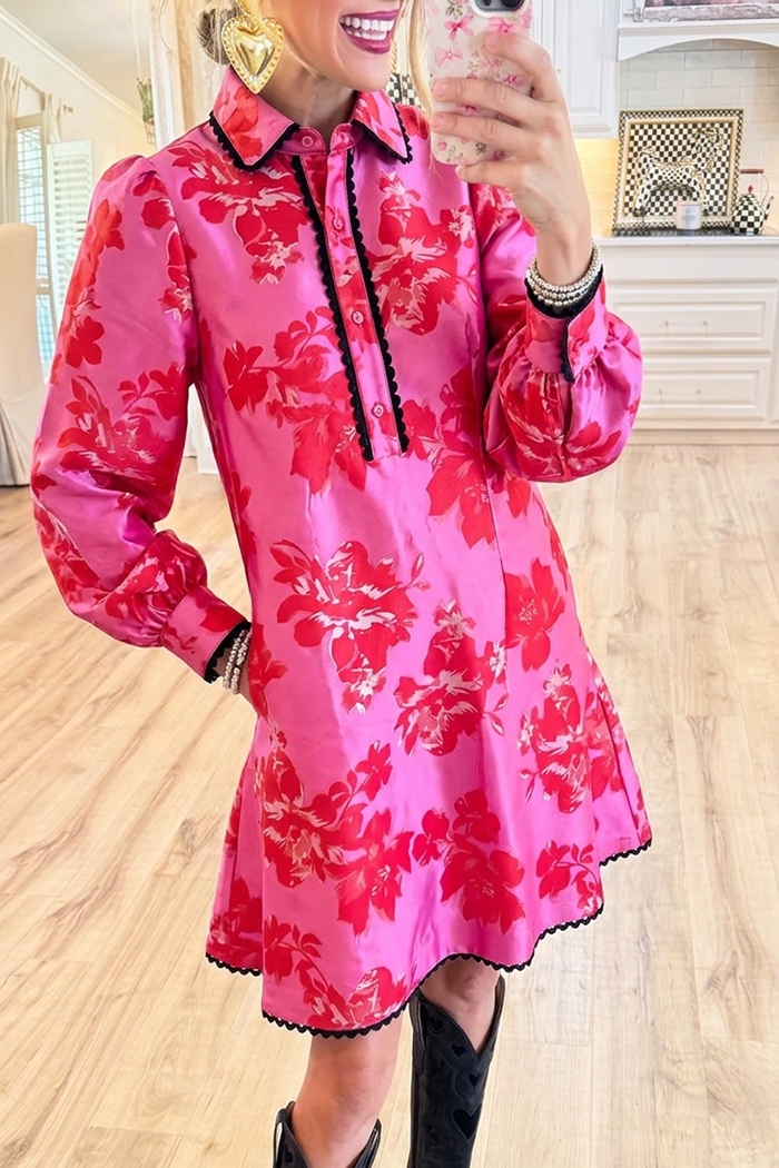 Floral Collared Scallop Trim Balloon Sleeve Ruffle Hem Dress
