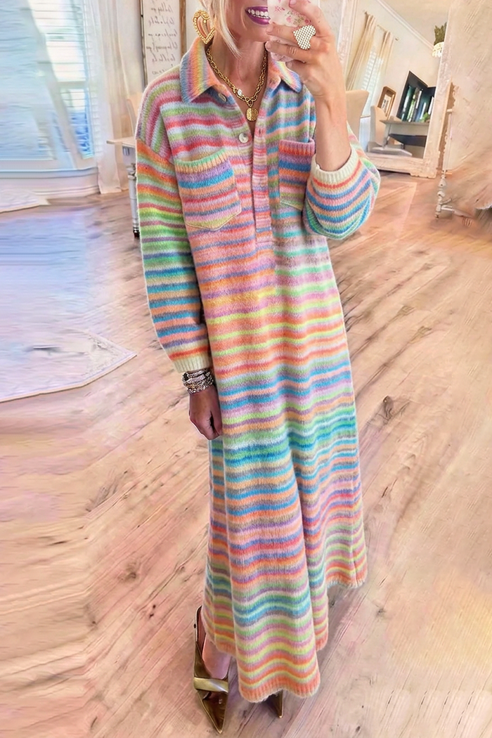 Rainbow Stripe Knit Collared Half‑Button Chest Pocket Maxi Dress