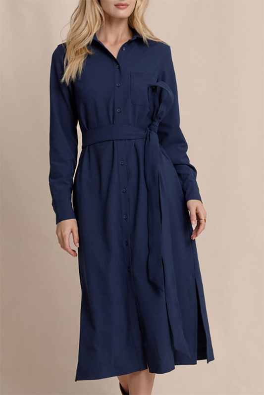 Shirt Collar Belted Midi Dress
