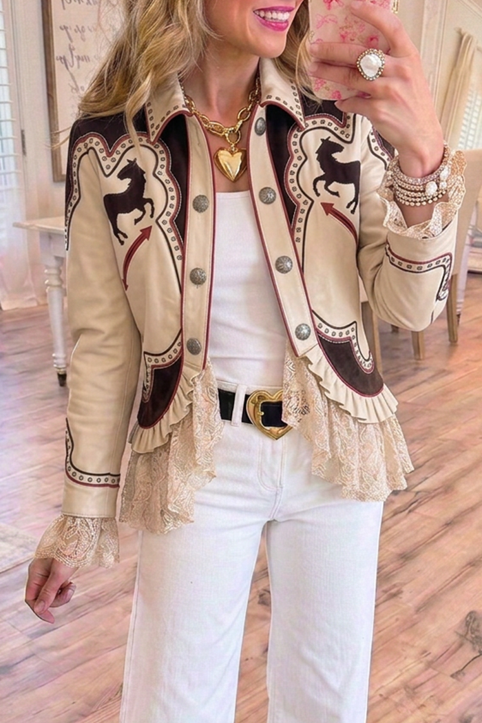 Cream Western Horse Motif Color Block Ruffle Jacket
