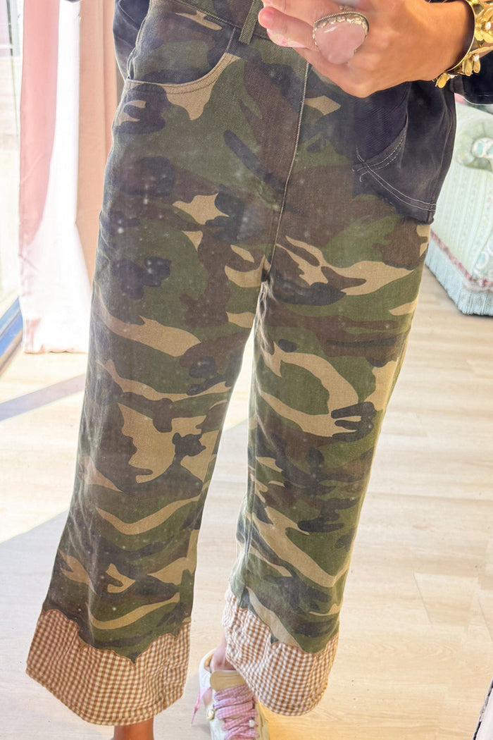 Casual Camo Gingham Contrast Wide Leg Pants