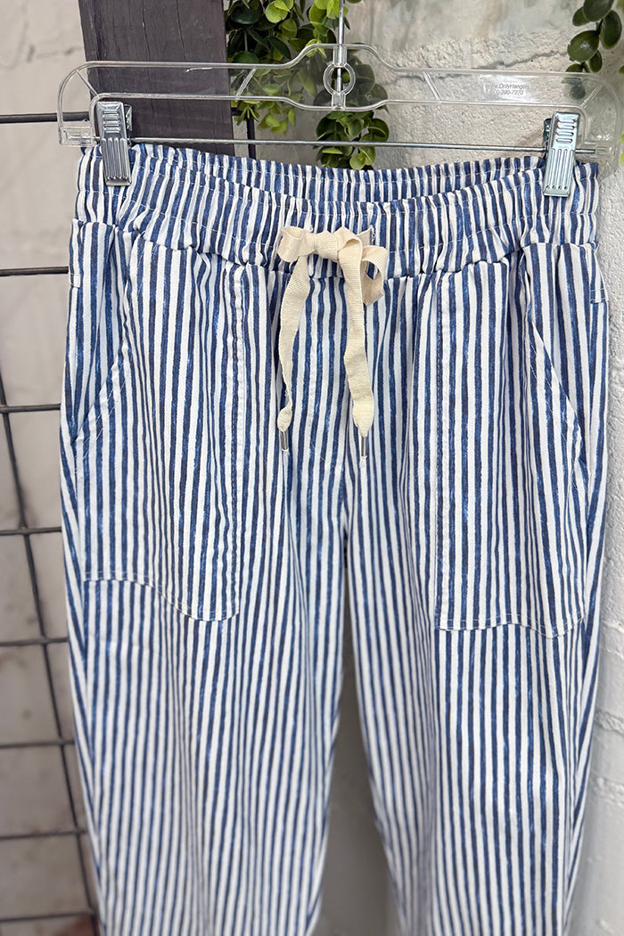 Blue Stripe Drawstring Cuffed Cropped Pants