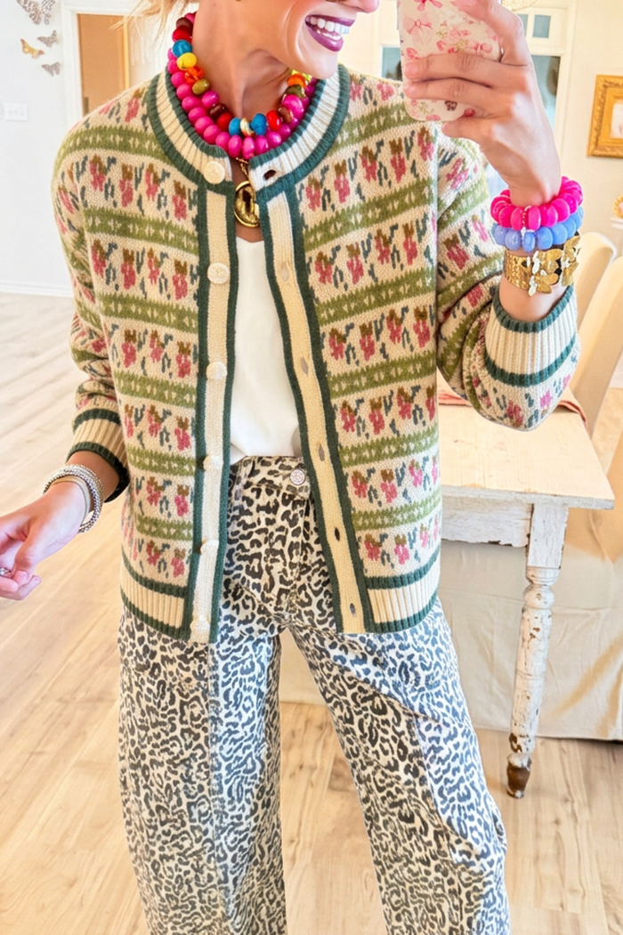 Casual Floral Pattern Knit Cardigan