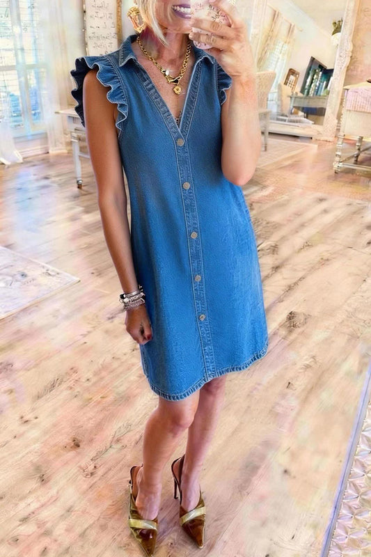 Button Front Ruffle Strap Denim Dress