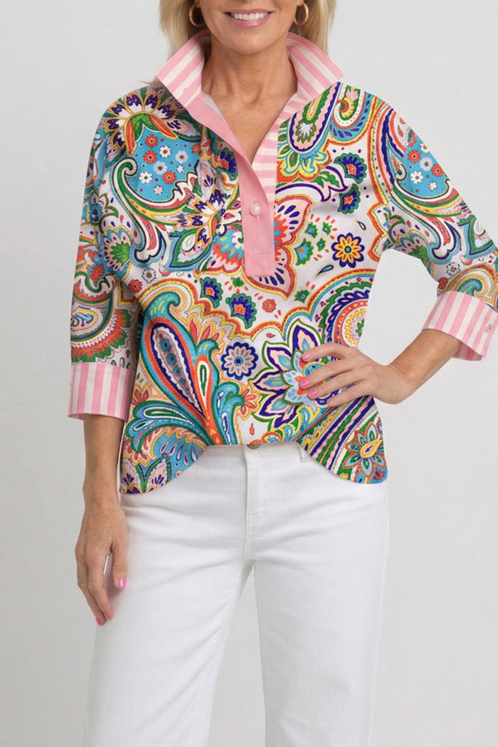 Paisley Print Color Block Polo Top
