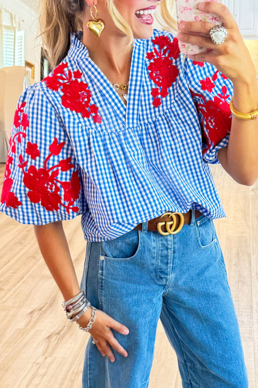 Embroidered Puff Sleeve Grid Top