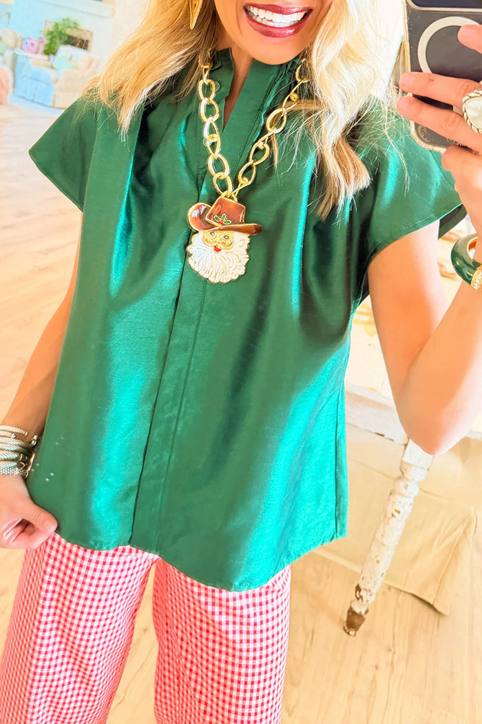 Pine Green Ruffle Neck Cap Sleeve Top