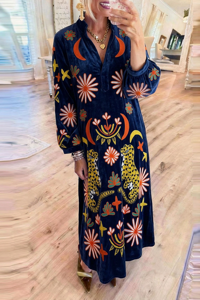 Velvet Animal Floral Embroidery Pockets Maxi Dress