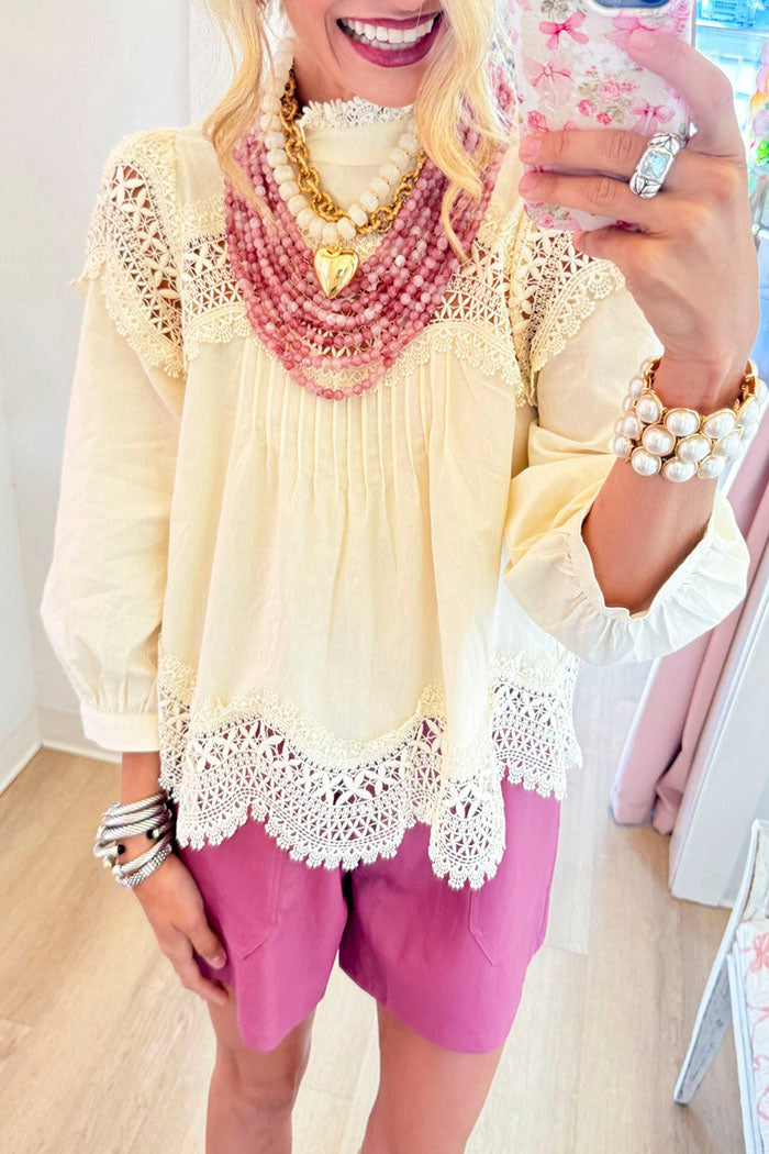 Cream Lace Detail 3/4 Sleeve Top