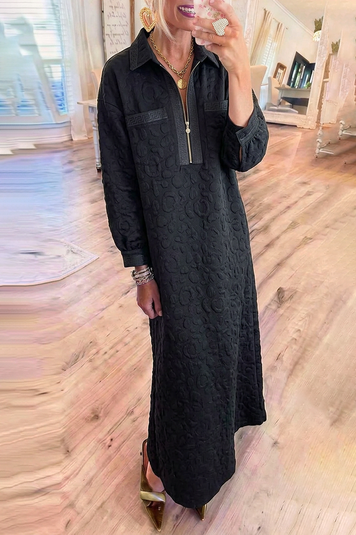 Black Collared Half‑Zip Floral Chest Pocket Long Sleeve Maxi Dress
