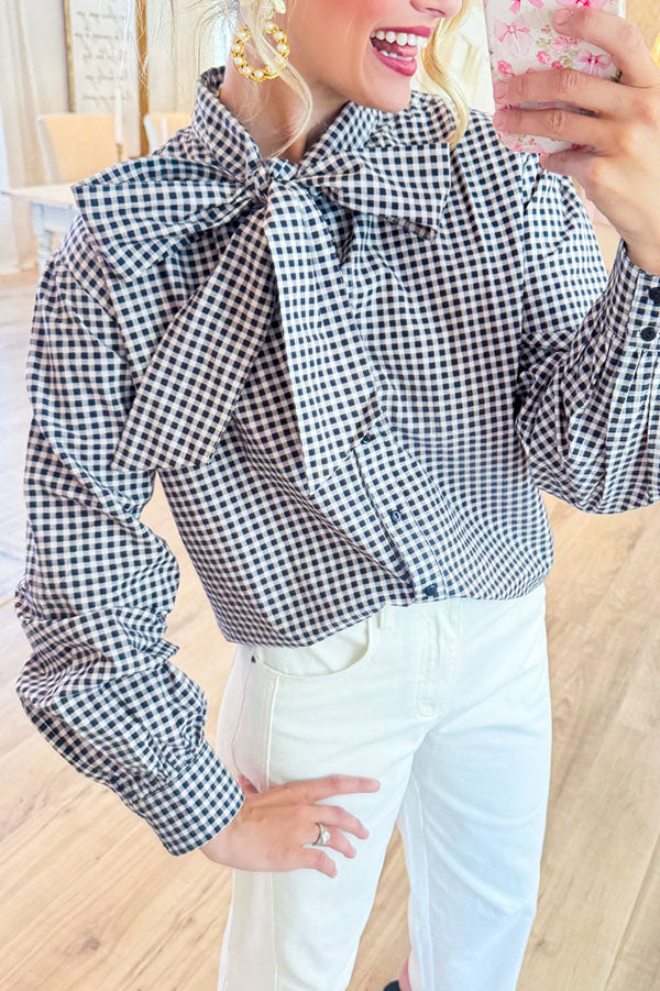 Black Gingham Bow Button Up Top