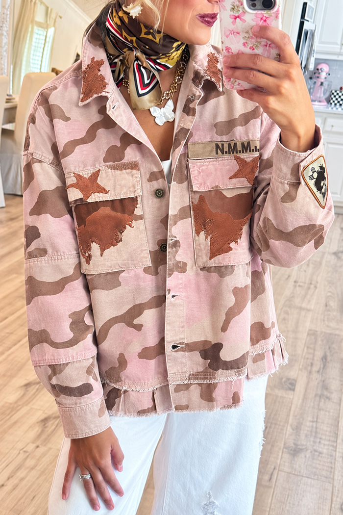 Casual Patchwork Utility Shacket Camo Jacket