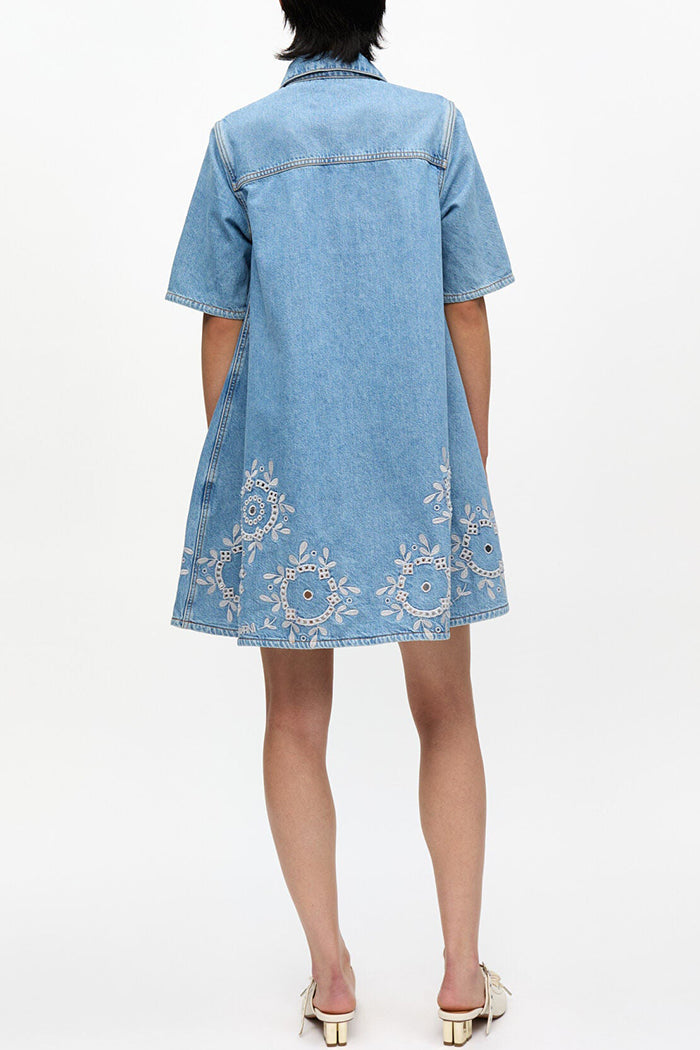 Pocketed Collared Eyelet Trim Raw Hem Denim Dress