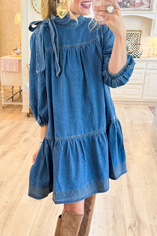 Bow 3/4 Sleeve Pocket Dress
