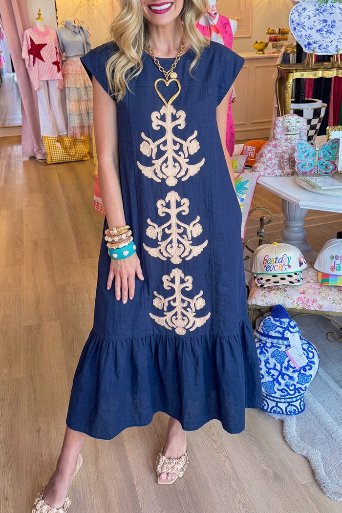 Cap Sleeve Pocket Ruffle Hem Denim Maxi Dress