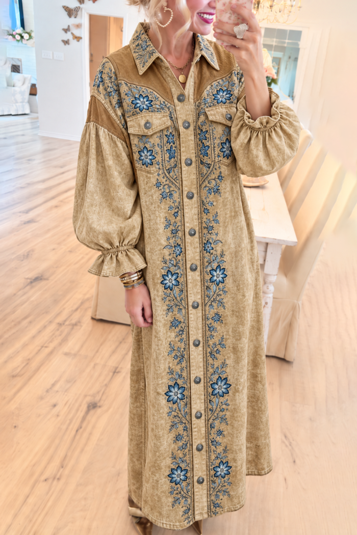 Western Floral Embroidery Button Front Ruffle Cuff Maxi Dress