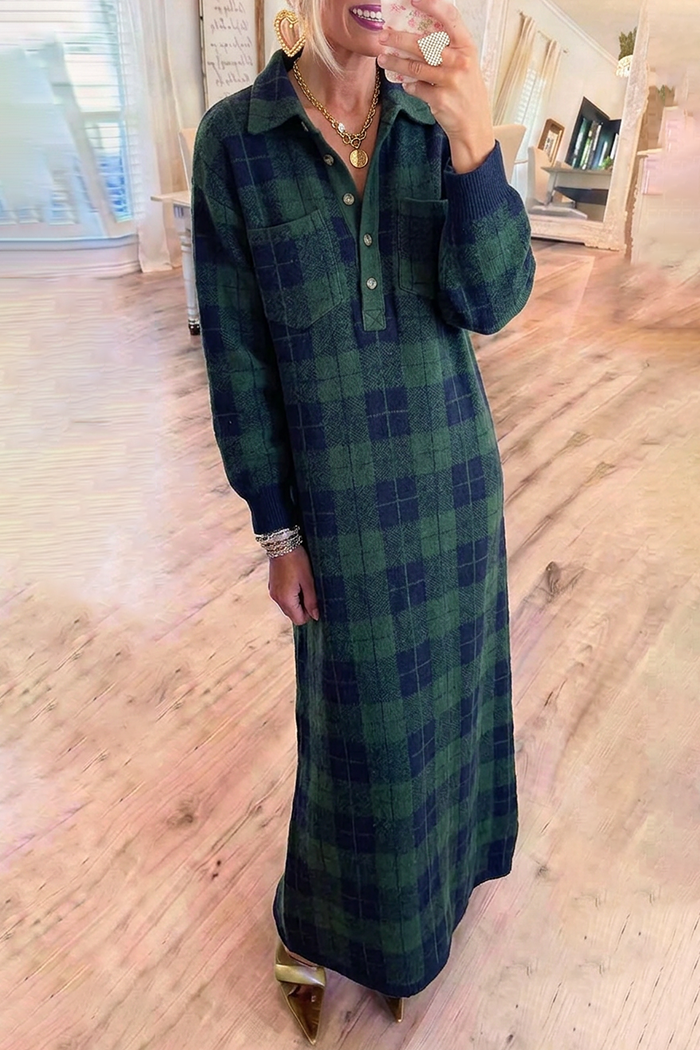 Green Navy Plaid Knit Collared Pockets Maxi Dress