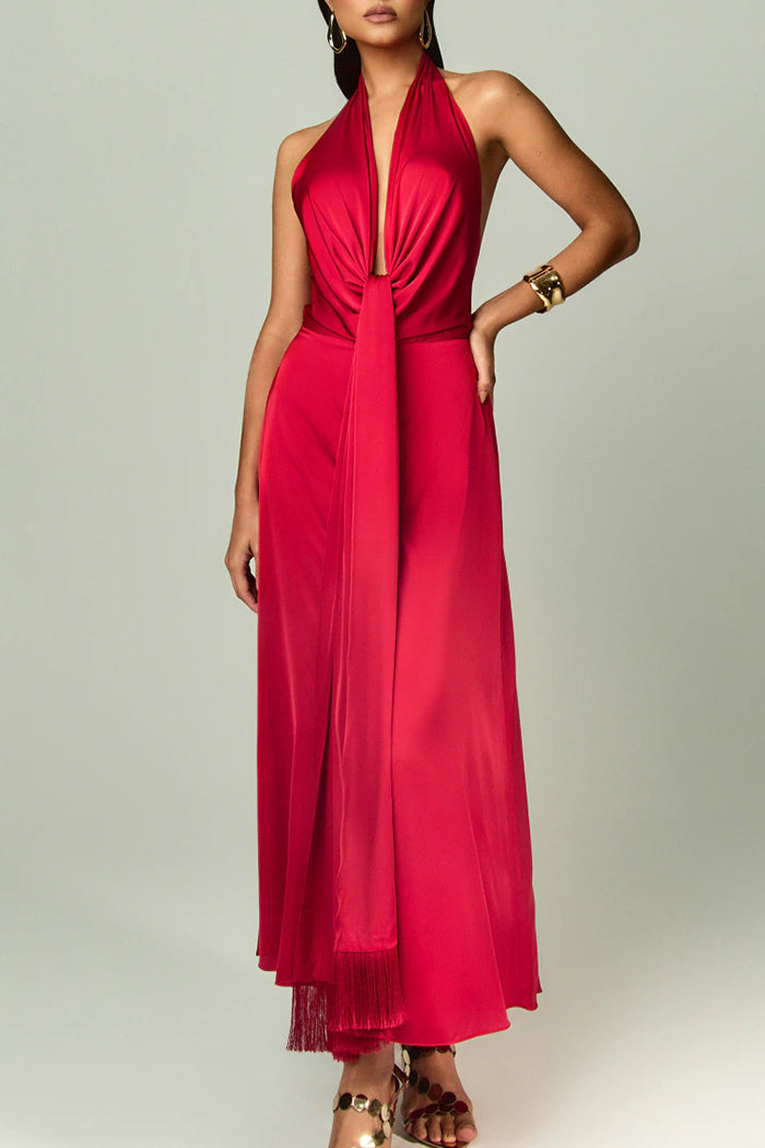 Halter Tie Tassel Hem Evening Dress
