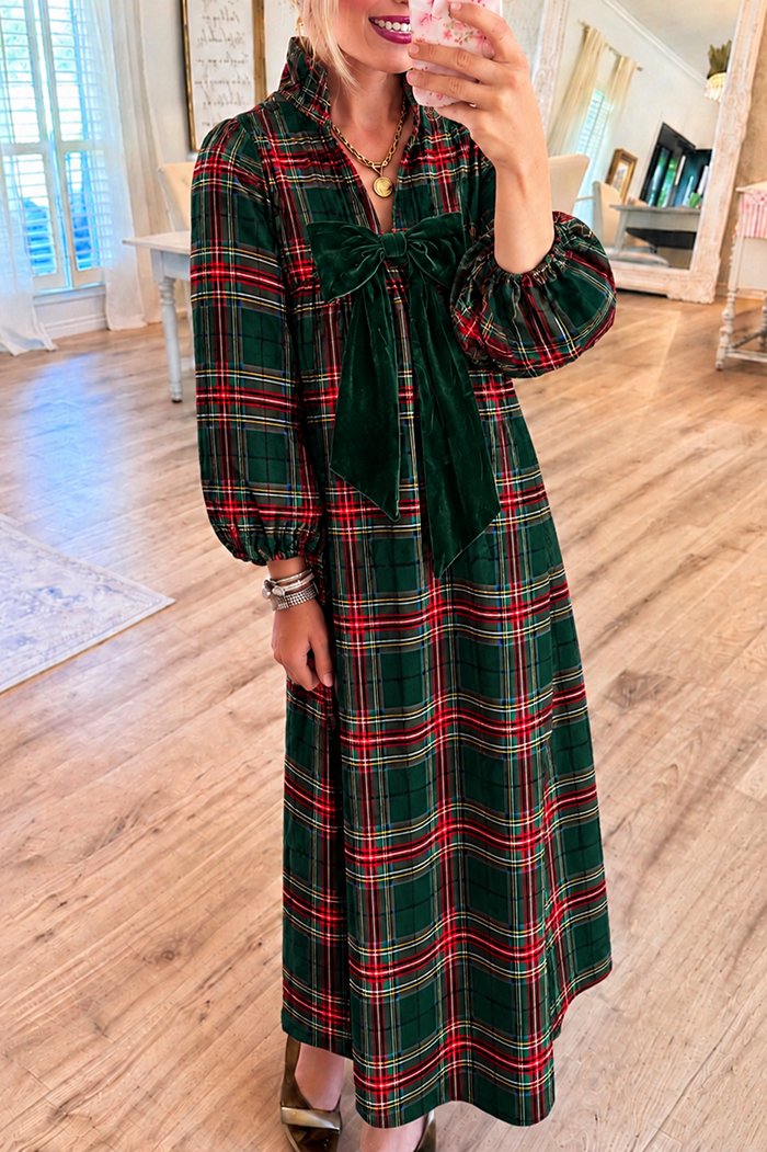 Green Velvet Bow Plaid Pocket Maxi Dress