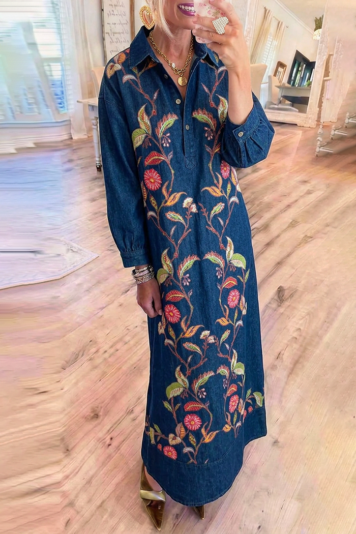 Denim Floral Collared Balloon Sleeve Maxi Dress