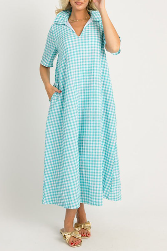Pleated Collar Checkered Dress