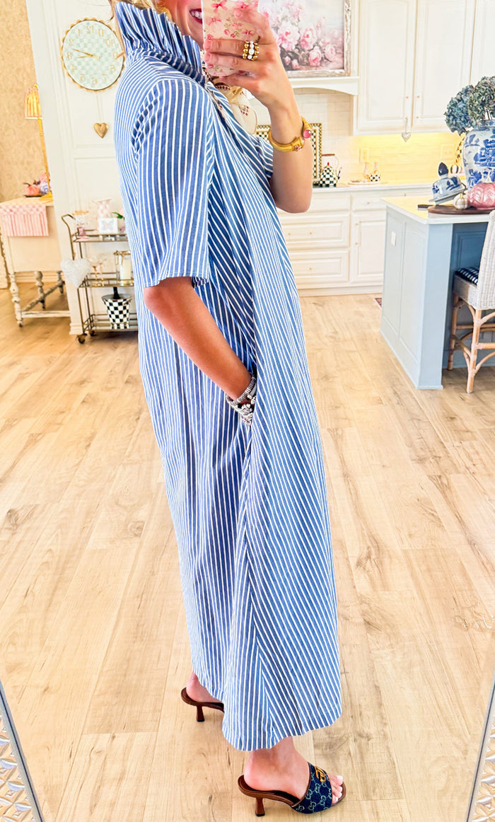 Casual V-Neck Pockets Striped Maxi Dress