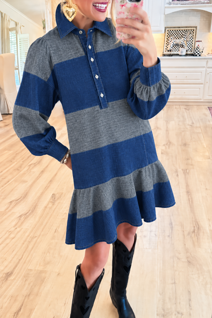 Denim Color Block Ruffle Hem Pockets Dress