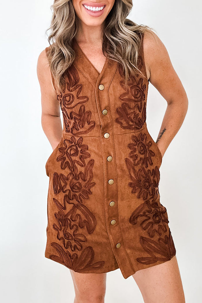 V-Neck Button Pocket Sleeveless Mini Dress