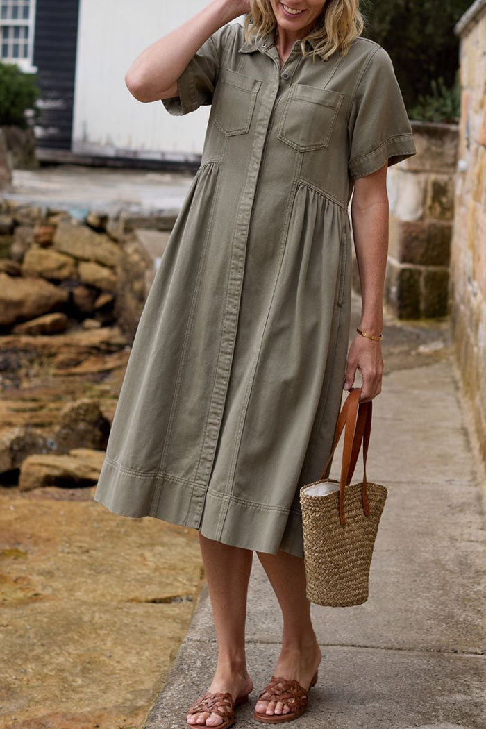 Gathered Waist Pocketed Collared Short Sleeve Denim Dress