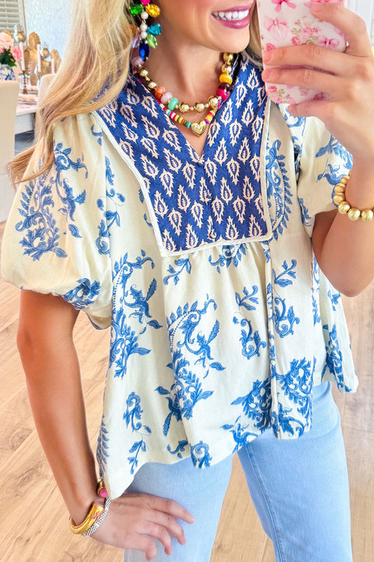 V-Neck Puff Sleeve Printed Top